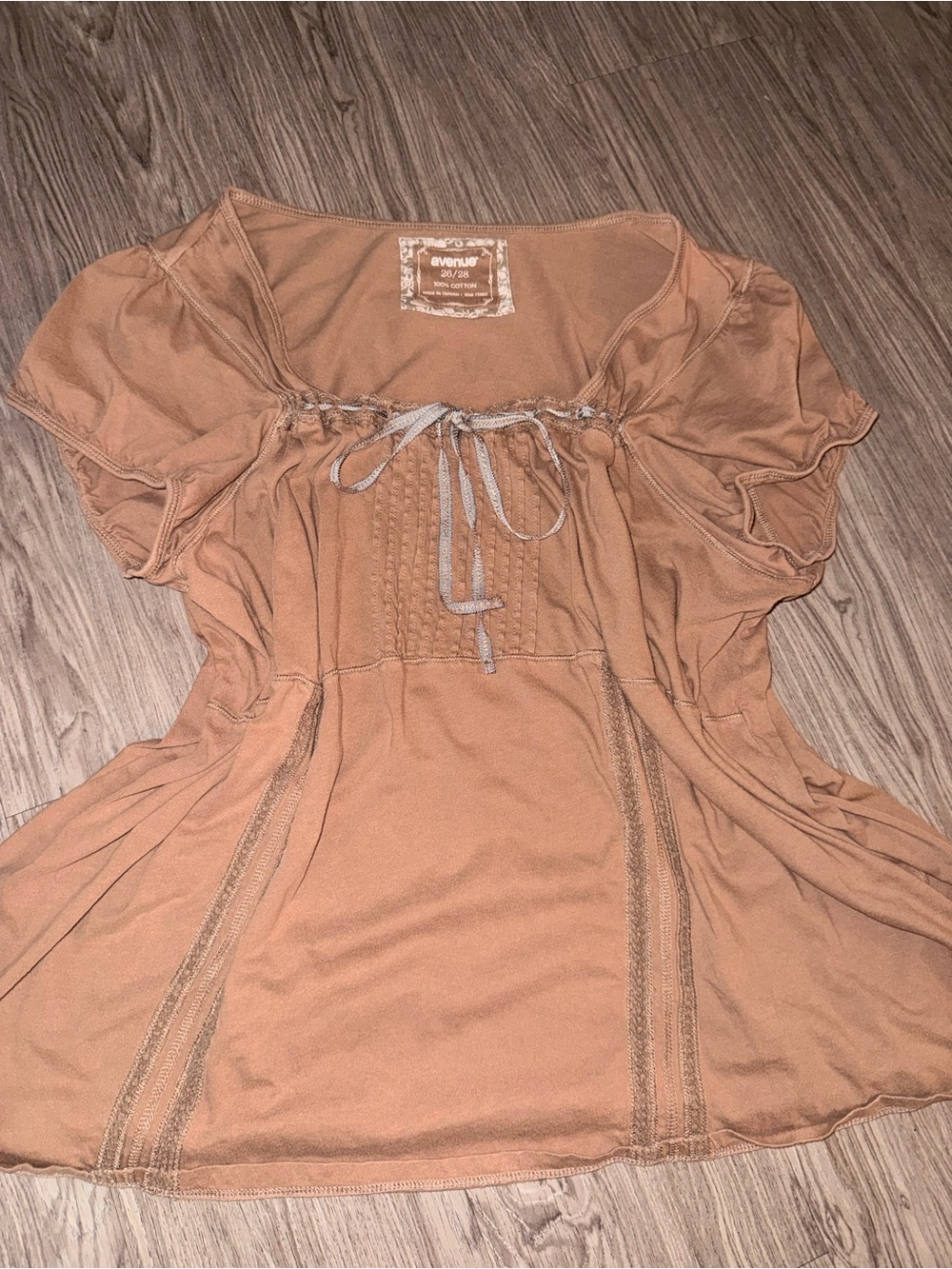 Avenue Brown/Tan Peasant Tunic with Tie Detail
